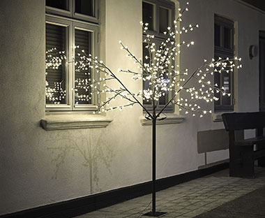 YGGDRASIL ljusträd vid ett hus under en mörk höstkväll