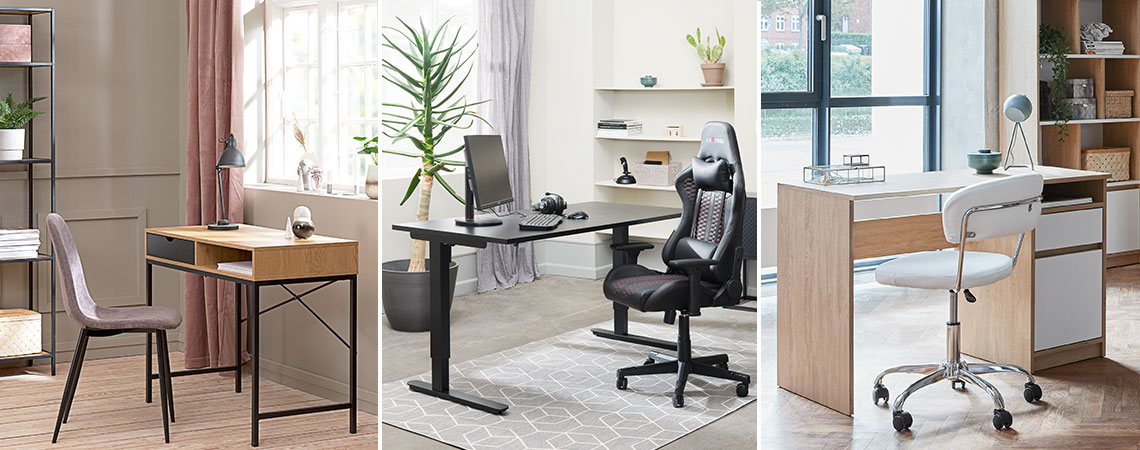 Tre olika typer av skrivbord och kontorsstolar för hemmakontor