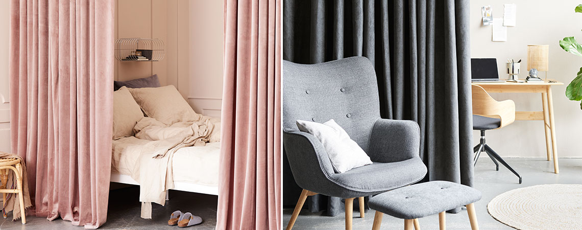 Två exempel på hur du kan använda rumsavgränsande gardiner: För ett sovrum och för ett hemmakontor