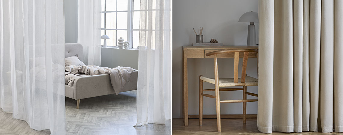 Två exempel på hur du kan använda rumsavdelare: För ett sovrum och för ett hemmakontor