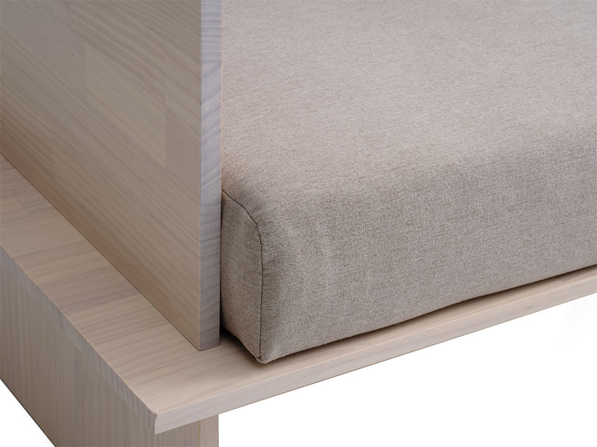 Soft sand seat cushion on Japandi style day bed in solid pine 