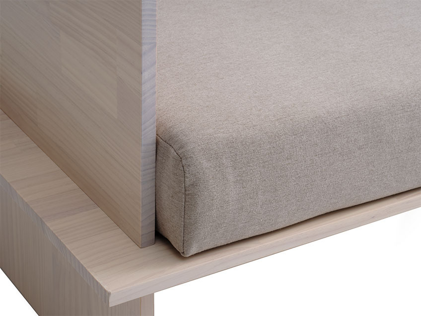 The SOLLERUP day bed with a seat cushion in soft sand Soft sand seat cushion on Japandi style day bed in solid pine