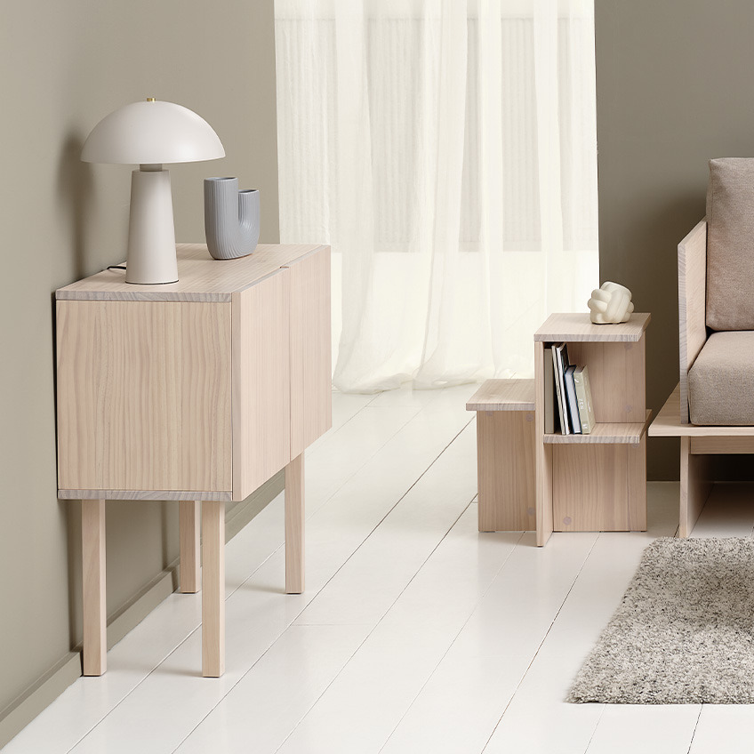 SOLLERUP pedestal and sideboard with MARKUS table lamp Japandi sideboard in solid pine with minimalistic table lamp in white