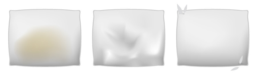 A stained and discoloured pillow, a pillow with clumped filling, and a pillow with holes in its fabric cover A stained and discoloured pillow, a pillow with clumped filling, and a pillow with holes in its fabric cover