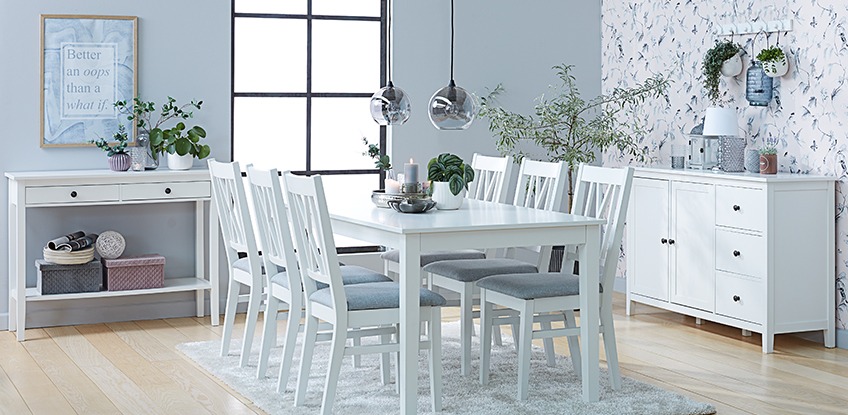 NORDBY console table, dining table, dining chairs and sideboard Dining room with all white console table, dining table, dining chairs and sideboard