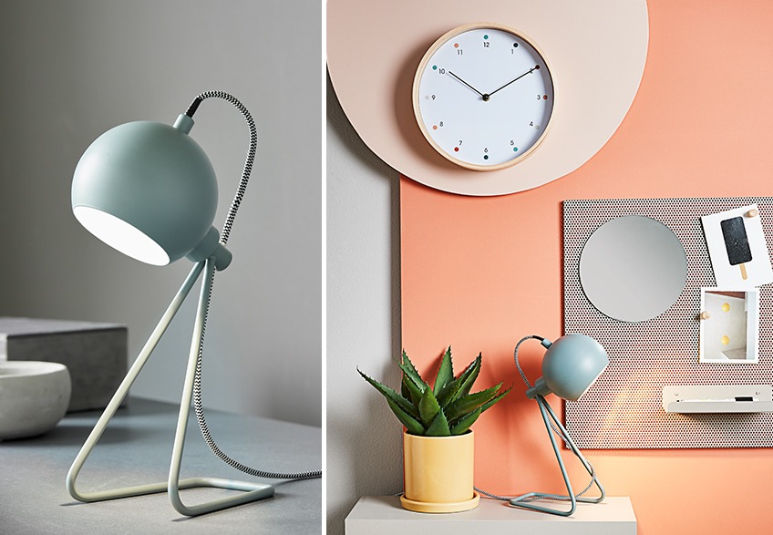 STEFFEN table lamp, HERMAN wall clock, JAN noticeboard and AXEL plant pot Green table lamp surrounded by wall clock, yellow plant pot and noticeboard with postcards