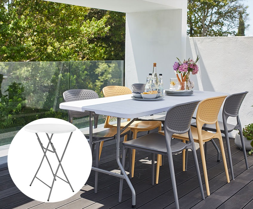 KULESKOG garden table with SEJLING chairs in grey and yellow with an insert of a LANGERIM bar table Garden table with chairs in grey and yellow with an insert of a bar table