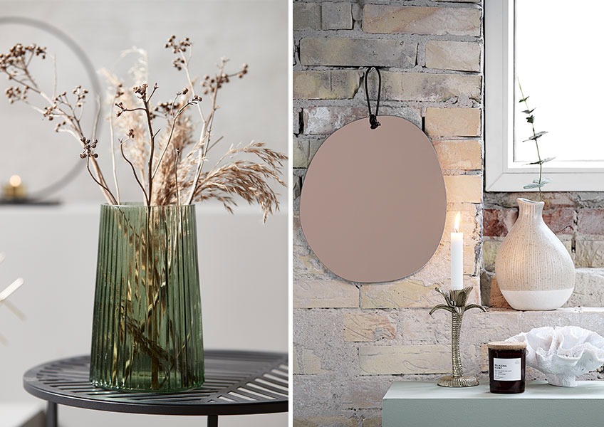 ROY vase, DANIEL mirror, HARRY vase and JENS scented candle Vase and setting with mirror, vase and scented candle