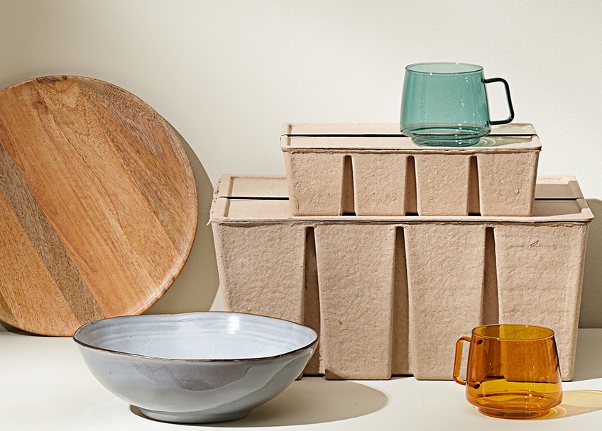 GERNER tray, JO bowl, BJORK storage boxes and ANDERS mugs Wooden tray, stoneware bowl, storage boxes out of recycled paper and glass mugs