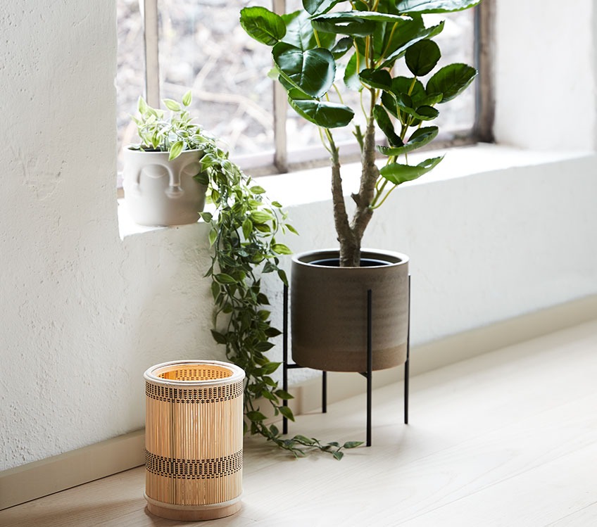 ABBAS plant pot with OLIVER plant, MINGUS battery lamp and MANDRUP plant pot with ARVID artificial plant Plant pots with artificial plants and battery lamp by a window