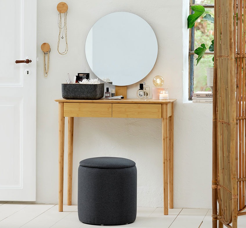 Bambu toalettbord med spegel och puff med förvaring