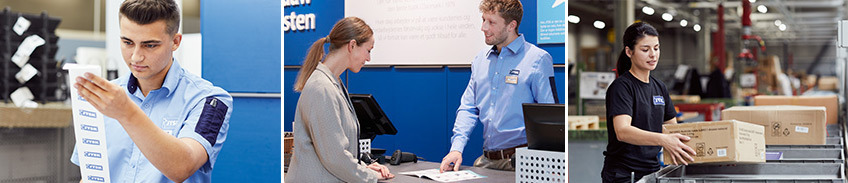 Våra JYSK-personal är redo att hjälpa till En JYSK-anställd med ett kvitto, en JYSK-anställd i kassan och en JYSK-anställd på vårt distributionscenter